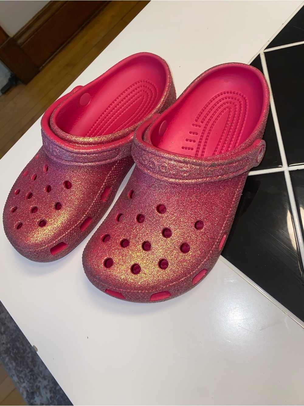 CROCS Kids Glitter Clogs in Hot Pink with Gold Shimmer